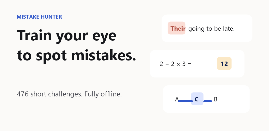 Mistake Hunter feature graphic showing grammar, maths, and sequence challenges